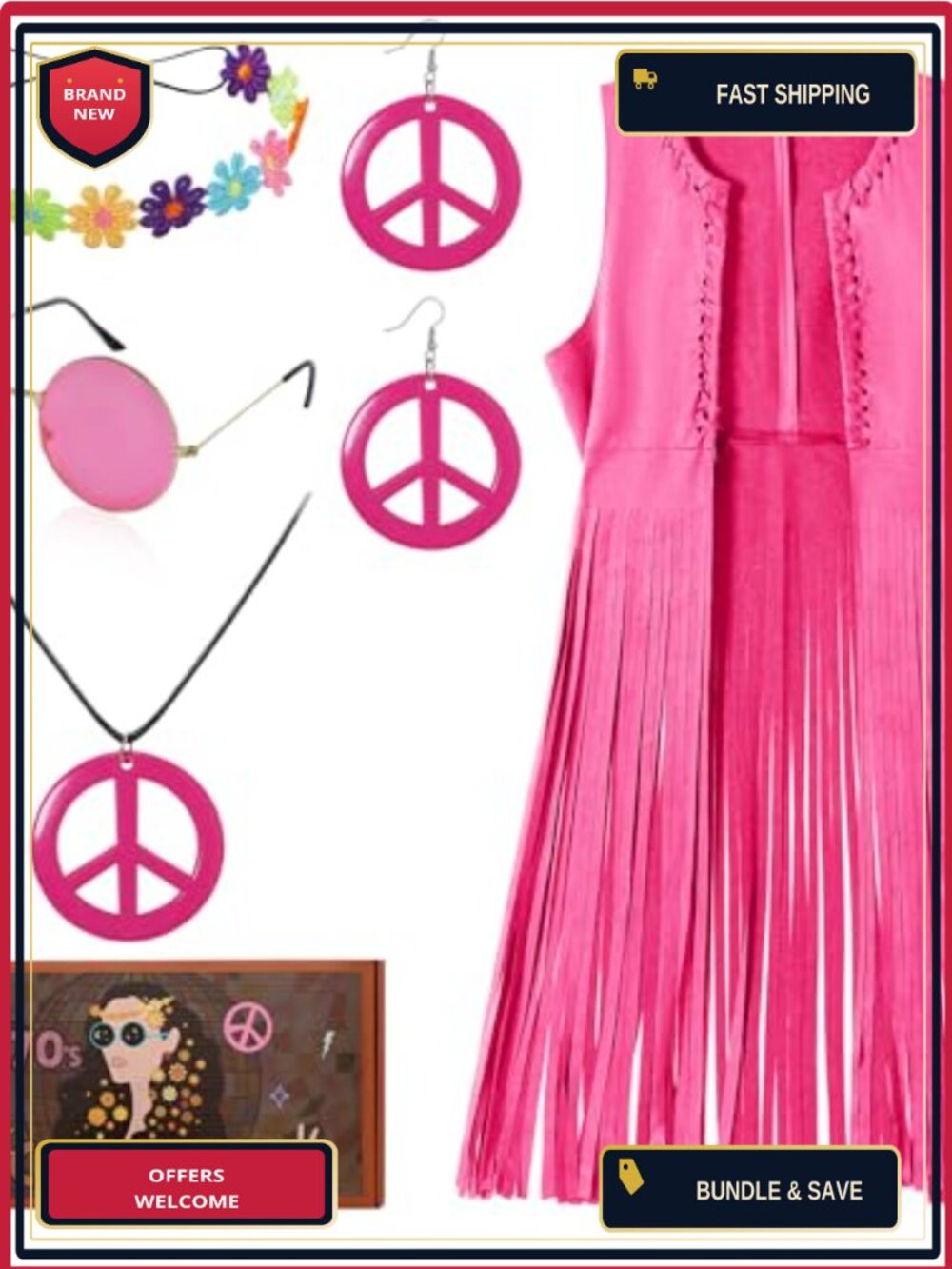 70s Hippie Costume Fringe Vest Set Disco Outfit Peace Necklace Glasses Crown